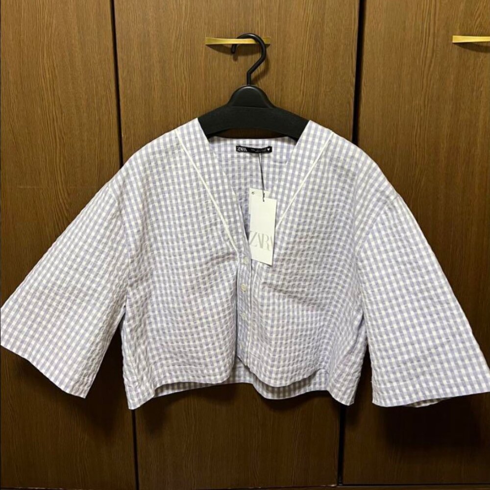 New Zara Lavender Gingham Button Down Check Cropped Blouse Top